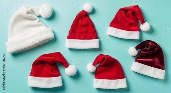 Obraz Red and white santa claus hats on blue surface