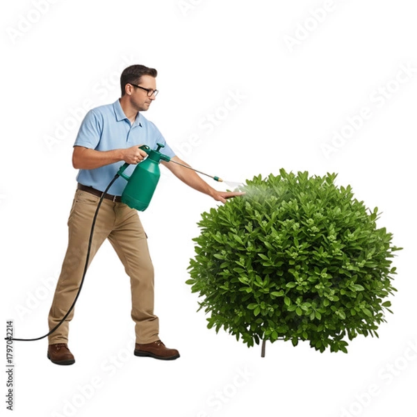 Obraz Man spraying pesticide on a bush in his garden.