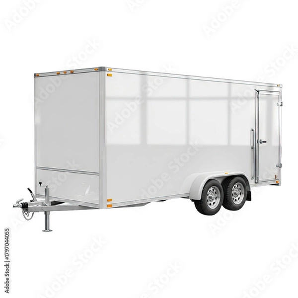 Fototapeta White Cargo Trailer With Double Axles And Silver Rims parked outdoors on a clear day with no background elements visible