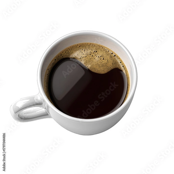 Fototapeta White Ceramic Coffee Cup Filled With Dark Black Coffee And Frothy Bubbles Isolated On Transparent Background Overhead View