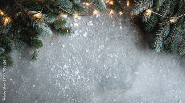 Fototapeta Frosty Christmas Background with Pine Branches and Lights — Winter Holiday Texture
