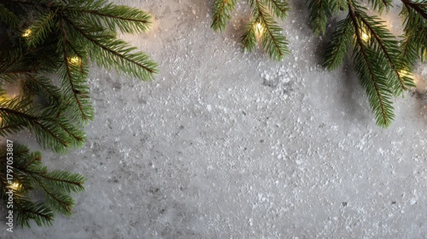 Fototapeta Christmas Branches and Snowy Concrete Background — Festive Minimal Winter Backdrop