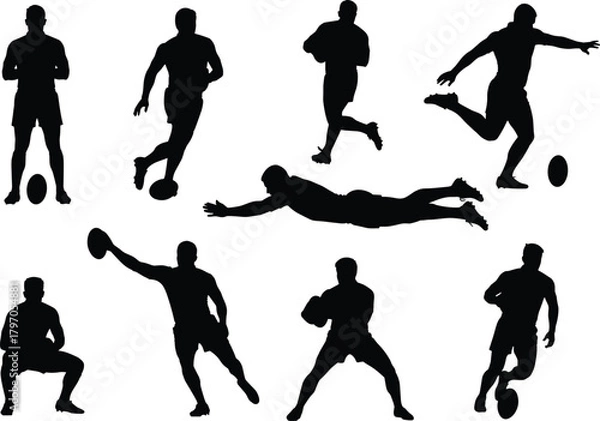 Fototapeta Rugby Player Silhouettes Vector Set, Dynamic Sport Action Poses Ball Game Collection, Athlete Movement Running Black Shapes