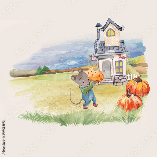 Obraz house in the garden with mouse, autumn season