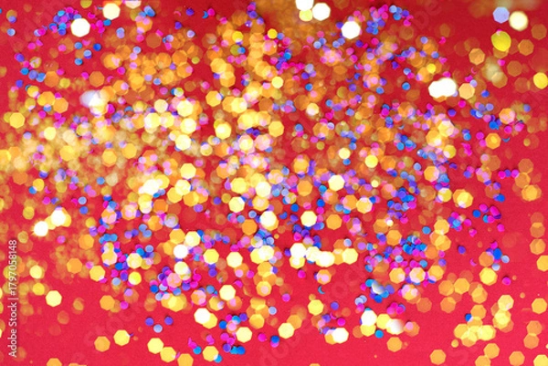 Fototapeta colorful bokeh lights on red background with glittering gold confetti and soft shimmer, out-of-focus sparkles