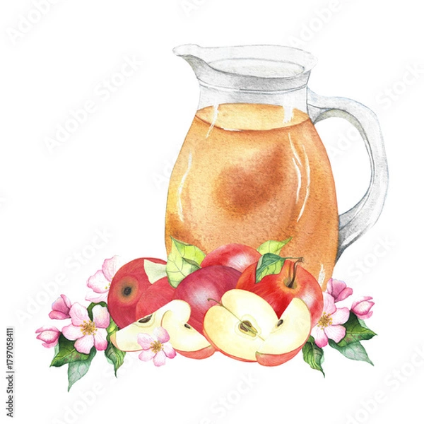 Fototapeta glass jug with apple juice surrounded by apples, apple slices, and flowers, watercolor illustration for packaging, textiles, dishes, and design