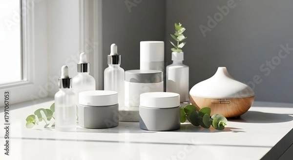 Fototapeta Still life of various skincare product bottles and jars on a white countertop near a window with natural light