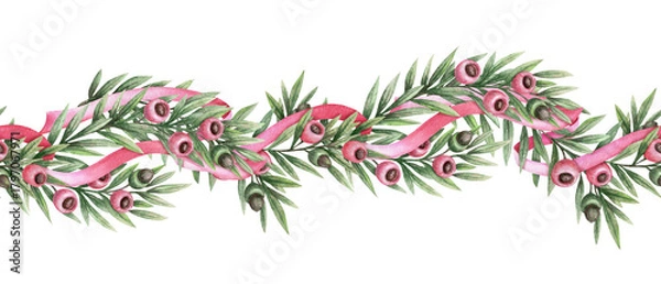 Fototapeta Seamless border of yew branch twisted with pink satin ribbon. Hand drawn watercolor with sparkling and colored pencil texture. Festive garland of evergreen twig perfect for frame and Christmas design.