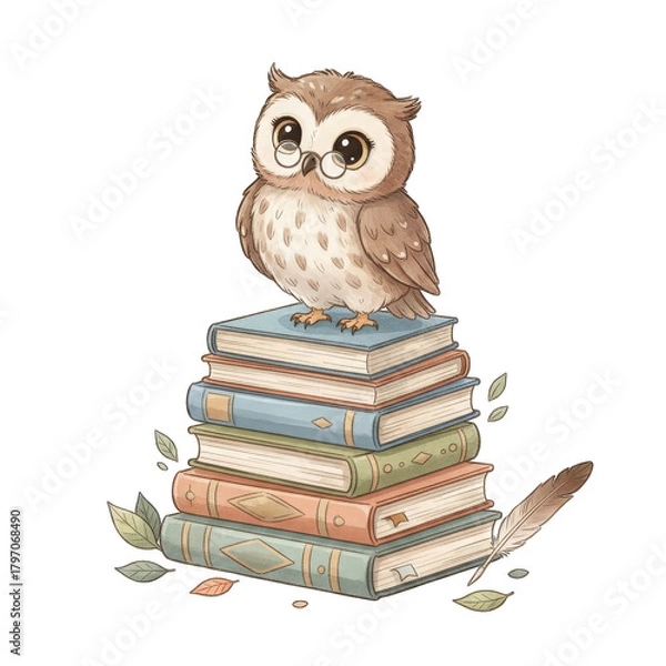 Obraz Whimsical Cartoon Owl Perched Atop a Stack of Vintage Books with Soft Shading and Feather Accent on a Transparent Background
