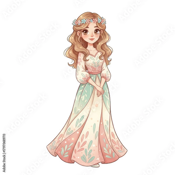 Obraz Whimsical Young Woman in a Long Flowing Cream Dress Adorned with Delicate Floral Patterns and a Crown of Flowers Standing Against a Transparent White Background with Soft Lighting