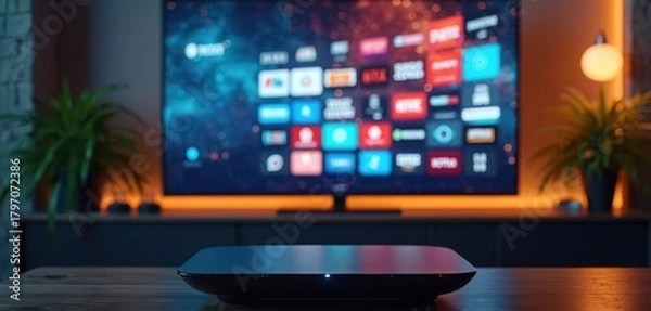 Fototapeta Smart TV interface displays app icons for streaming services and video content. A media player box sits on a wooden table in a modern living room setting.