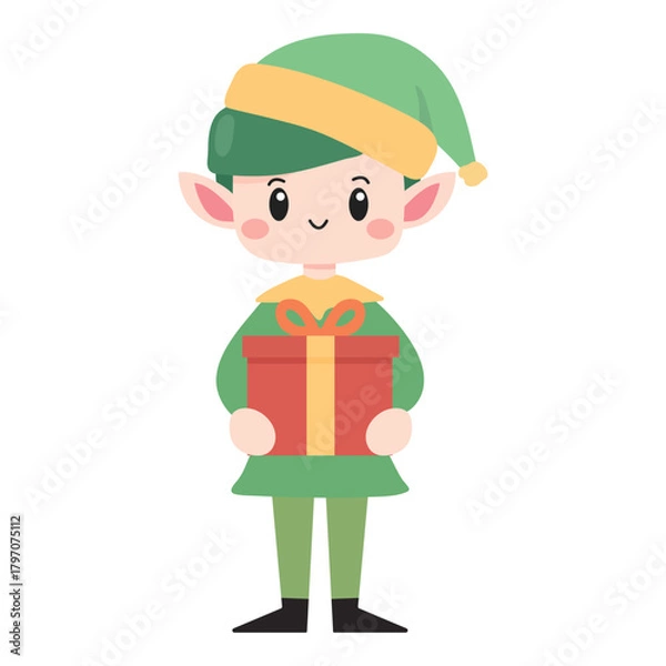 Obraz Cute little elf holding a gift box. Vector illustration design.