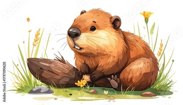 Obraz Adorable Beaver Illustration with Log in a Meadow, Watercolor Style, Cute Animal