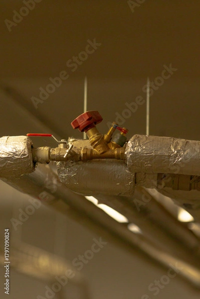 Fototapeta Close-up of a valve on industrial piping, showcasing the detailed design and materials used in facility plumbing and HVAC systems.