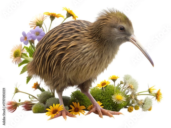 Obraz A fluffy brown kiwi bird standing amongst a variety of colorful wildflowers and green foliage, isolated on a transparent background