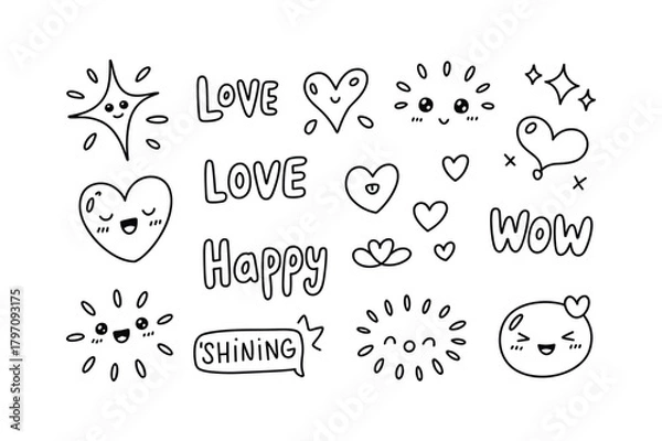 Fototapeta Collection of cute handdrawn doodle elements with words like love and happy