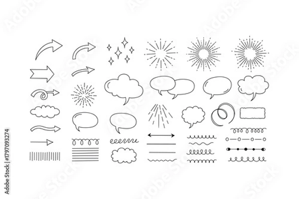 Obraz Collection of handdrawn doodle elements including arrows, stars, sunbursts, speech bubbles, and lines