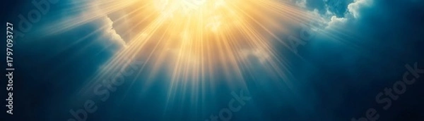 Obraz Vibrant rays of sunlight pierce through dark clouds, creating a dramatic and uplifting scene, Ideal for themes of inspiration, hope, spirituality, or natural beauty in various media projects,