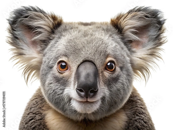 Fototapeta Closeup portrait of a cute koala bear with large fluffy ears and dark eyes, isolated on a transparent background, showcasing its adorable facial features and soft grey fur