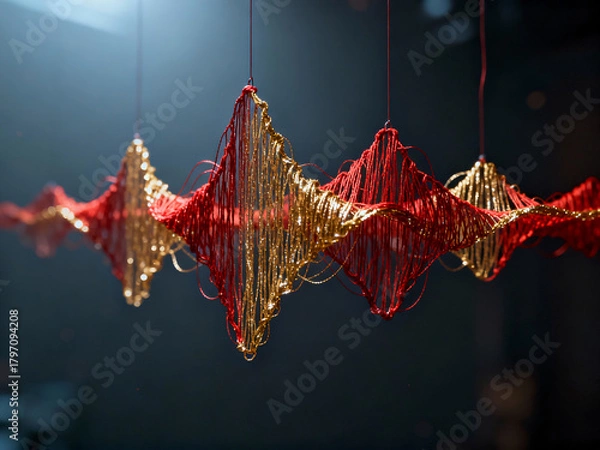 Fototapeta Artistic Physical Representation of a Dynamic Waveform or Sound Signal Crafted from Interwoven Red and Gold Threads, Conceptualizing Music and Creative Technology on a Dark Background