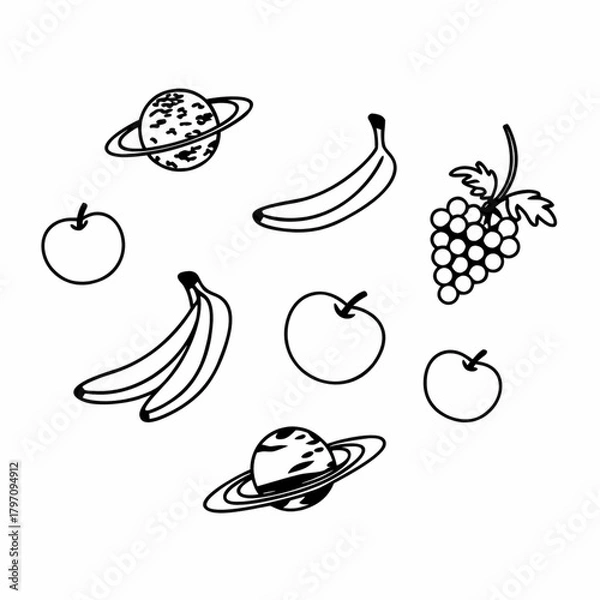 Fototapeta Minimilist illustration of various fruits and planets including bananas grapes apples and saturn like planets vector
