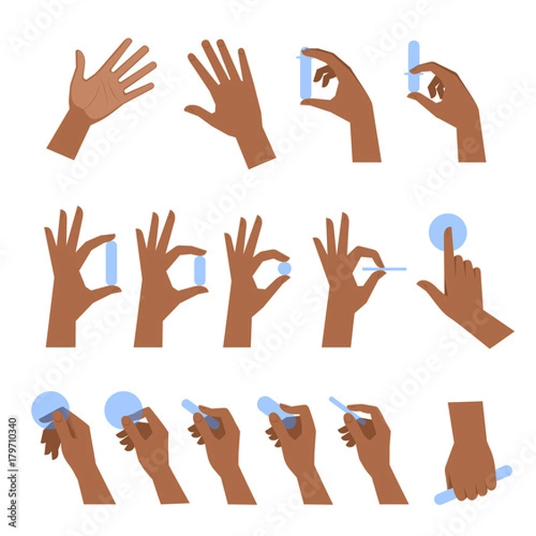 Obraz Various gestures of black human hands isolated on a white background. Flat illustration set of afro-american hands holding objects in a different situations. Vector design element for infographic, web