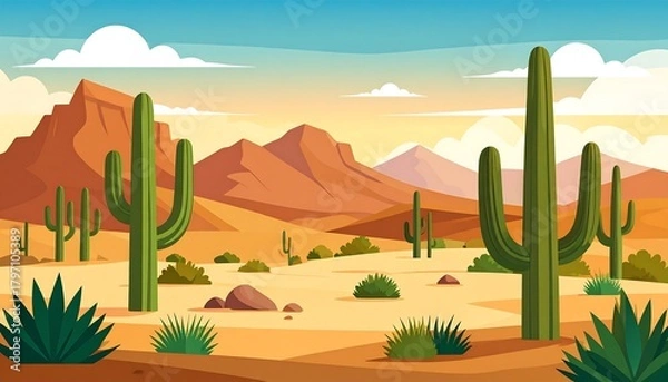 Obraz Cartoon illustration featuring a picturesque desert landscape with various cacti