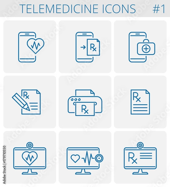 Fototapeta Medicine, telemedicine vector outline icon set. Mobile phone and heart symbol with pulse line inside. Smart phone and first aid kit symbol. Desktop computer monitor with prescription Rx document icon