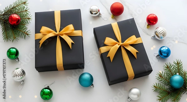 Fototapeta Christmas gift boxes with golden ribbon and holiday tree decorations and some color balls