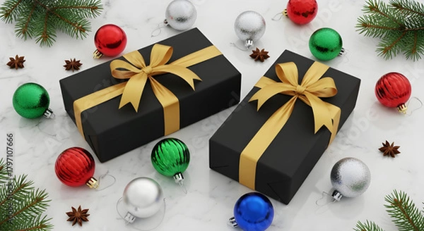 Fototapeta Christmas gift boxes with golden ribbon and holiday tree decorations and some color balls