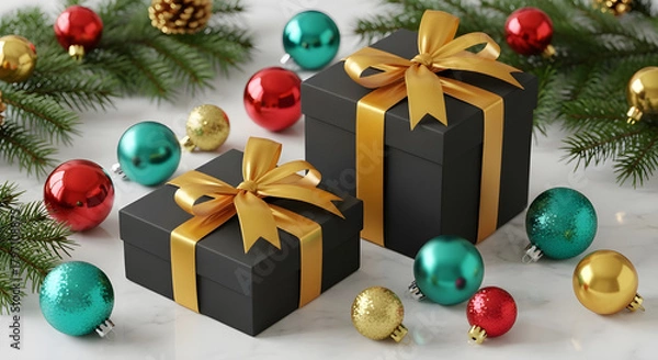 Fototapeta Christmas gift boxes with golden ribbon and holiday tree decorations and some color balls