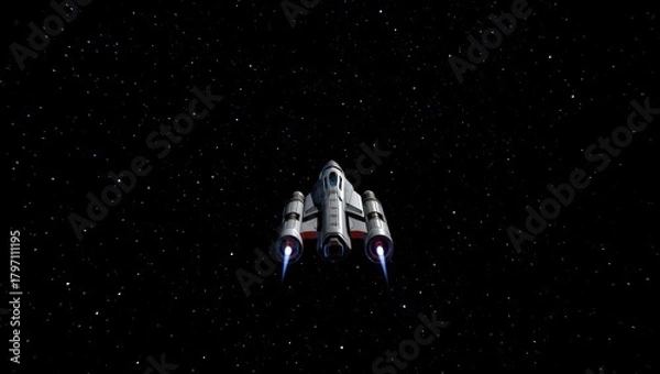 Obraz A sleek, white spaceship with glowing blue engines flies directly toward the viewer through a star-filled black void, its symmetrical design evoking a sense of classic sci-fi adventure and exploration