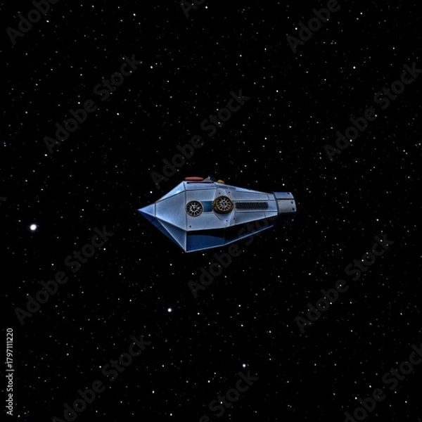 Fototapeta A sleek, blue and silver spaceship with a pointed nose and circular windows glides through the starry blackness of space, its design evoking a classic, retro-futuristic sci-fi aesthetic.