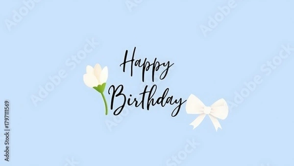Fototapeta A delicate "Happy Birthday" greeting in elegant black script on a soft blue background, accented with a small white tulip and a cream-colored bow for a gentle, celebratory feel.