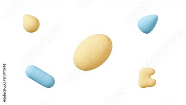 Fototapeta An assortment of colorful, smooth pills and capsules—yellow, blue, and beige—in various shapes (oval, round, oblong) scattered against a clean white background.