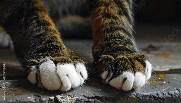 Obraz Close-up of a tabby cat's paws with white toes resting on a textured surface