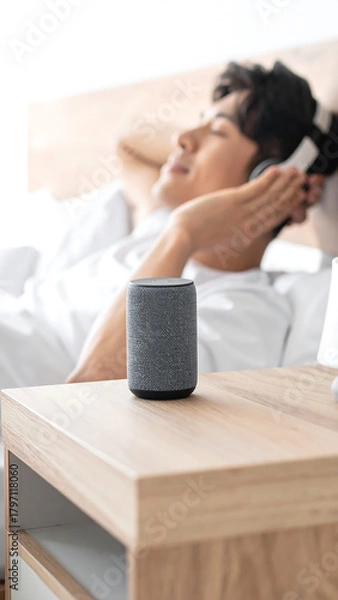 Fototapeta Relaxing at Home with Music A Man Enjoys Audio Through a Smart Speaker in His Bedroom