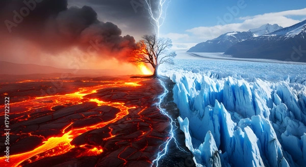 Fototapeta Symbolic Split Tree on a Landscape of Fire and Ice with Dramatic Lightning