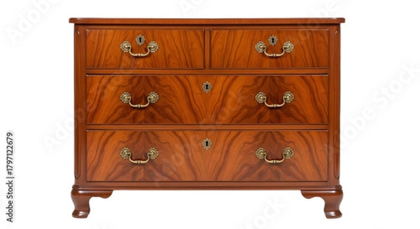 Fototapeta A wooden dresser with four drawers and brass pulls on transparent background