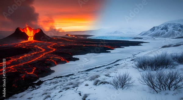 Fototapeta Contrasting Landscape of Erupting Volcano with Lava and Serene Snowy Field