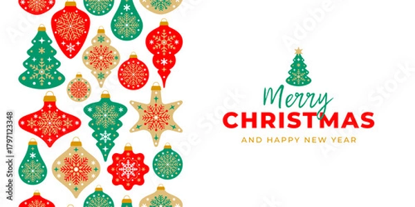 Fototapeta Christmas greeting card, banner with scandinavian seamless border pattern. Christmas and New Year ornaments. Vector vintage background for winter holidays. Seasonal greeting design