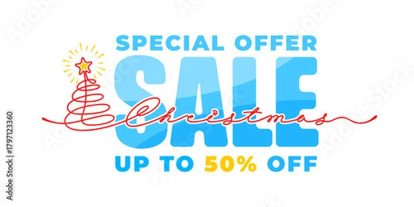 Fototapeta Christmas Sale Advertising Banner. Lettering Christmas and fir tree are drawing by continuous line. Can use for advertise, banner, web, print etc. Simple, minimal vibrant design. Vector illustration