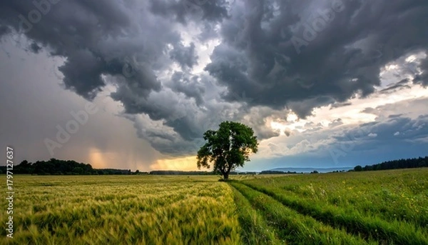 Obraz Dramatic storm clouds over a field with a single tree creating an impactful landscape
