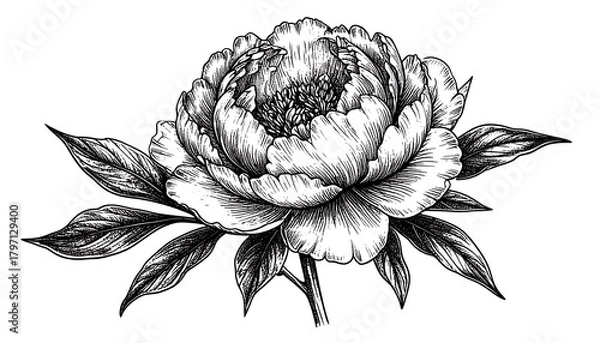 Obraz Elegant monochrome peony blossom illustration with detailed line work on white background