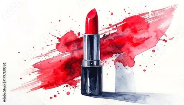 Obraz Elegant watercolor depiction of vibrant red lipstick with artistic splatter effect