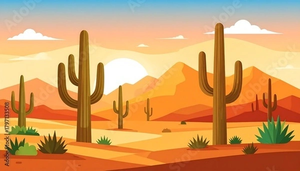 Obraz Flat vector illustration of a desert landscape with cacti at sunset or sunrise