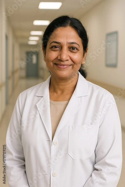 Obraz “A professional Indian female doctor standing confidently in a bright hospital corridor, wearing a white lab coat and a warm smile.