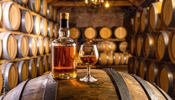 Fototapeta Bottle and glass of amber alcohol on an oak barrel in a dark, traditional aging cellar with stacked barrels.