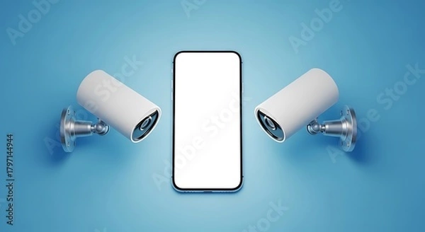 Fototapeta A smartphone with blank screen is flanked by two surveillance cameras on blue background