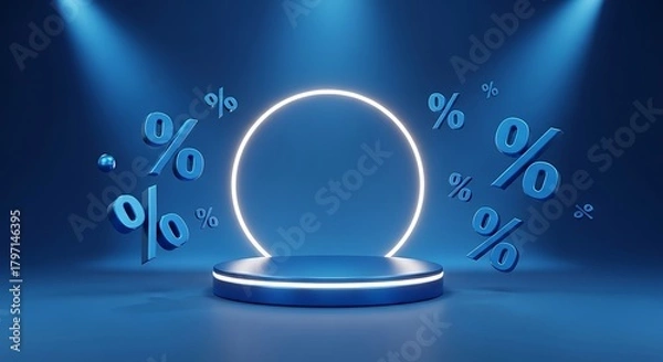 Fototapeta A blue podium with a neon circle and percentage signs floating around it